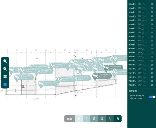 Tectors risikoscore vist på en tagplan med markerede fugtrisikoområder